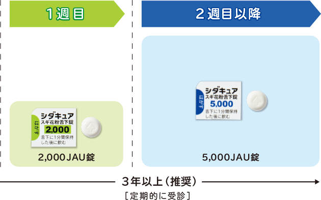 シダキュアの服用スケジュール図(1週目は2000JAU、2週目以降は5000JAUを継続)